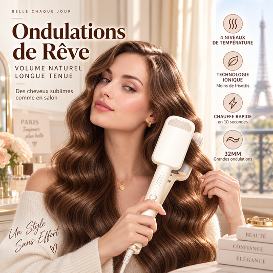 💅 PROMO FLASH : 50% DE RÉDUCTION ! Fer à Boucler Ondulant 32 mm – Ion Négatif, 4 Températures 160–220°C & Extinction Auto 60 min for Ondulations Volume ✨