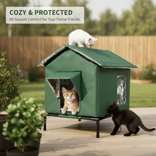 🐈🌧️ Maison pour chat extérieure surélevée toutes saisons – Oxford + aluminium thermique, imperméable et isolée, pliable, un refuge douillet contre la pluie, le froid et le soleil, en toute saison ☀️❄️