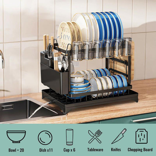 🔥 50% DE RÉDUCTION ! 🍽️ Égouttoir à Vaisselle à Deux Niveaux avec Bac d’Égouttage – Bec Verseur Pivotant 360°, Rangement Multifonctionnel & Acier au Carbone – Idéal pour une Cuisine Ordonnée ✨
