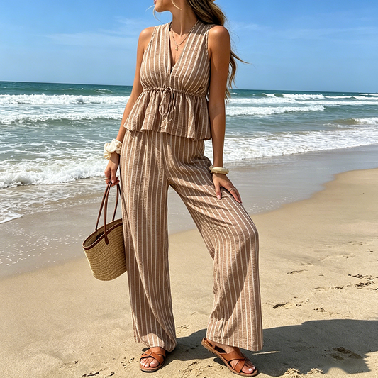 👕✨ PROMO FLASH -50% ! Ensemble Deux-Pièces Femme – Haut Rayé Col V à Peplum + Pantalon Large, Tissu Polyester, Café, Tailles S-XL, Idéal Vacances & Quotidien