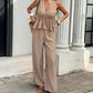 👕✨ PROMO FLASH -50% ! Ensemble Deux-Pièces Femme – Haut Rayé Col V à Peplum + Pantalon Large, Tissu Polyester, Café, Tailles S-XL, Idéal Vacances & Quotidien