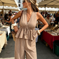 👕✨ PROMO FLASH -50% ! Ensemble Deux-Pièces Femme – Haut Rayé Col V à Peplum + Pantalon Large, Tissu Polyester, Café, Tailles S-XL, Idéal Vacances & Quotidien
