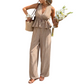 👕✨ PROMO FLASH -50% ! Ensemble Deux-Pièces Femme – Haut Rayé Col V à Peplum + Pantalon Large, Tissu Polyester, Café, Tailles S-XL, Idéal Vacances & Quotidien