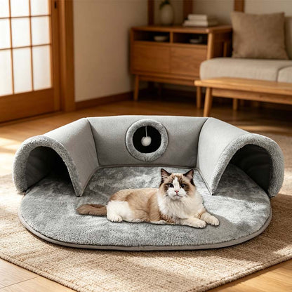 🐱PROMOTION LIMITÉE -50%✨Lit tunnel pour chat 2-en-1 – Peluche, pliable, compact🎾