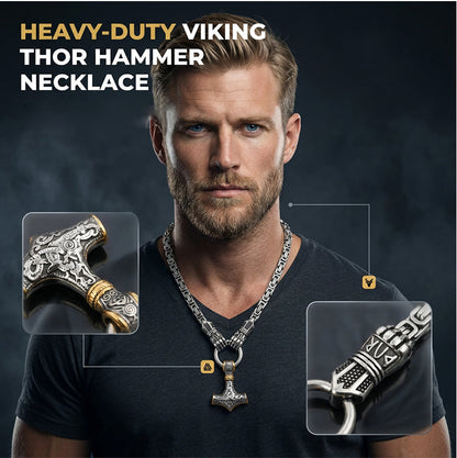 ⚡🔥 PROMO FLASH 50% ! Collier Marteau Thor Viking – Chaîne Byzantine Acier Inoxydable, Pendentif Mjolnir Bicolore, Runes Gravées, 60-70cm, Argent ou Or, Idéal Look Nordique & Mystique 💪✨