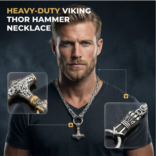 ⚡🔥 PROMO FLASH 50% ! Collier Marteau Thor Viking – Chaîne Byzantine Acier Inoxydable, Pendentif Mjolnir Bicolore, Runes Gravées, 60-70cm, Argent ou Or, Idéal Look Nordique & Mystique 💪✨