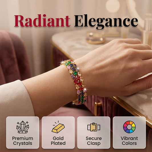 💎 Bracelet tennis femme – Strass multicolores, finition dorée, éclat raffiné de jour comme de nuit ✨🌸