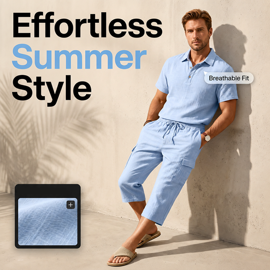 👔 -50% MAINTENANT ! ☀️ Ensemble Lin Homme Été – Chemise Ample & Short Cargo – Respirant & Élégant – Parfait pour l'Été 🌊