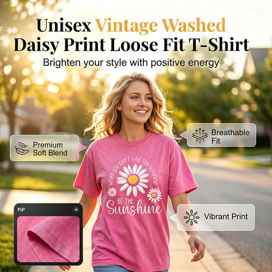 👗 50 % DE RÉDUCTION ! 🌸T-Shirt Unisexe Imprimé Marguerite Vintage Lavé Coupe Ample