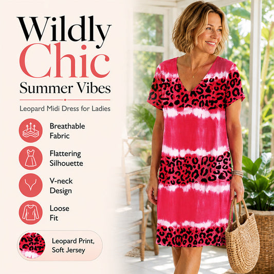 🏖️ Soldes d'été -50% 🏝️🐆Robe Midi Léopard Femme Col V👗✨