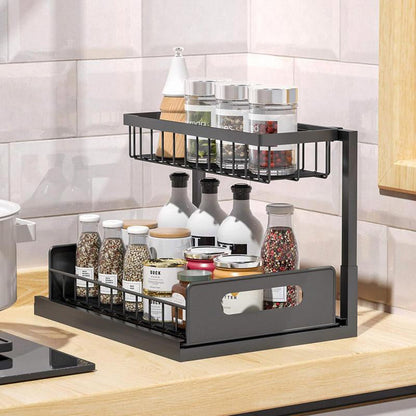 🍳🔩🧂 OFFRE LIMITÉE 50% DE RÉDUCTION! Organiseur 2 Niveaux en Acier Carbone – Solide et Anti-Rouille, Accueille Épices, Huiles et Ustensiles – Gardez Votre Plan de Travail Propre et Vos Essentiels à Portée de Main 🥄✨
