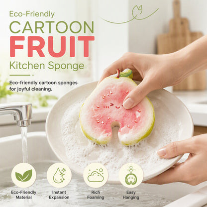 💥 50 % de réduction ! 🍋 Éponge de cuisine en forme de fruits de dessin animé – Pomme/Goyave/Citron. Se gonfle comme par magie au contact de l'eau. Élimine la graisse sans effort, sans rayer. Poignée ergonomique. Respectueuse de l'environnement 🛡️