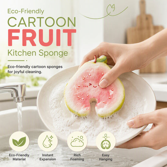 💥 50 % de réduction ! 🍋 Éponge de cuisine en forme de fruits de dessin animé – Pomme/Goyave/Citron. Se gonfle comme par magie au contact de l'eau. Élimine la graisse sans effort, sans rayer. Poignée ergonomique. Respectueuse de l'environnement 🛡️