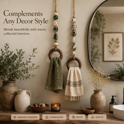 🧺🌸 Porte-serviette décoratif en perles – Perles en céramique, corde en jute et anneau en bois, une touche bohème et naturelle pour votre salle de bain ou cuisine 🏡
